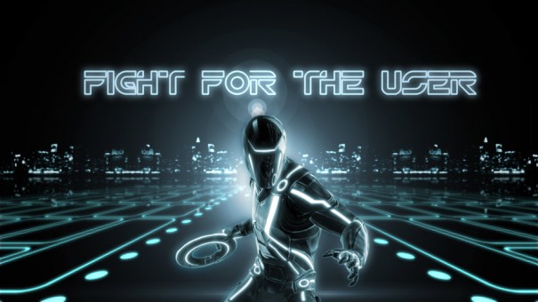 Futuristische Figur im Tron-Stil vor SciFi-Kulisse und Schriftzug - Fight for the User