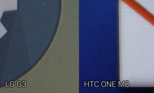 LG G3 Display im Vergleich mit dem Bildschirm des HTC One M8 - Größenunterschied der Pixel gut erkennbar.