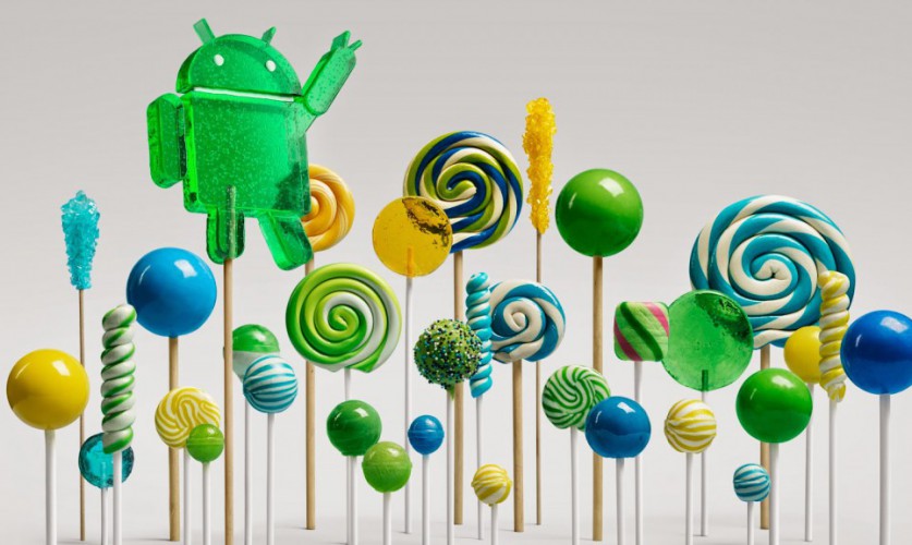 Ein Wald aus Lollipops, mittendrin das grüne Android Maskottchen