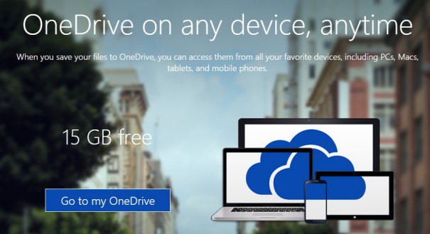 OneDrive Landingpage mit der Überschrift 'OneDrive on any device, any time' und dem Angebot '15 GB free'.
