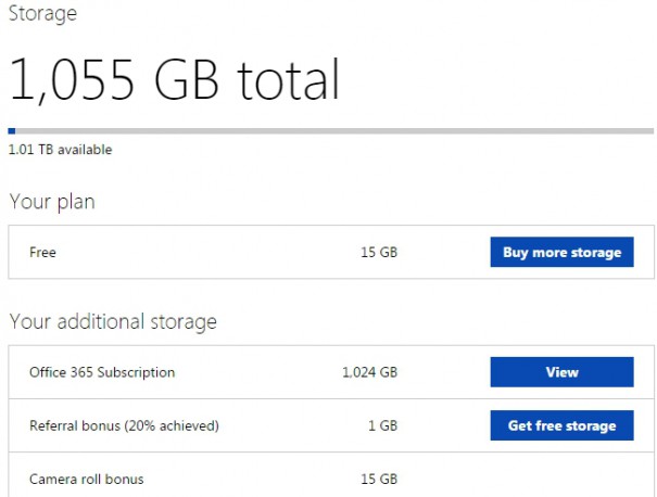 OneDrive Storageanzeige: Ich habe 1055 GB Speicher. Mein Plan: Kostenlos mit 15 GB Speicher. Dazu 1024 GB zusätzlichen Speicher dank Office 365, 1 GB Empfehlungsbonus und 15 GB Camera roll bonus. 