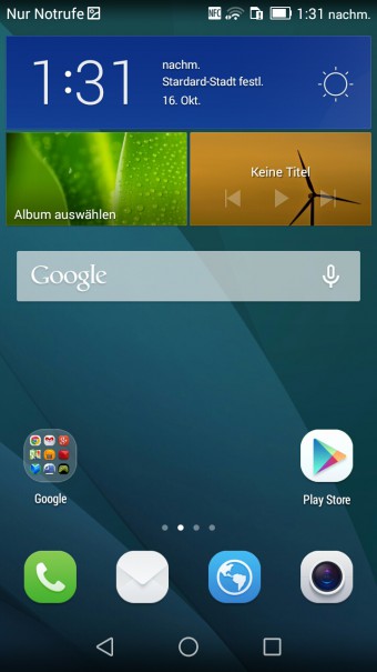 Homescreen des Huawei Ascend G7 mit Widgets, Suche und ein paar Icons