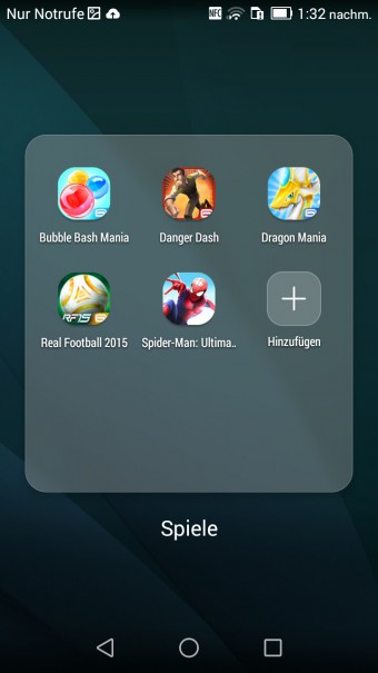Ordner auf dem Homescreen des Huawei Ascend G7 mit Spielen. Durch einen Klick auf den Hinzufügen-Button im Ordner können weitere Shortcuts gesetzt werden.