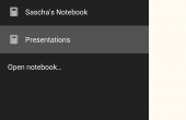 Menü der OneNote Android-App mit den Menüpunkten: Recent notes, Saschas Notebook, Presentations und Open notebook...