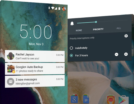 Der Android 5.0 Lollipop Sperrbildschirm zeigt Notifications: Eine Message von Rachel Jayson, eine Updatebenachrichtigung und 3 neue Mails