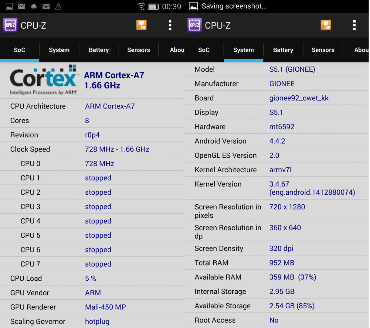Gionee Elife S5.1: CPU-Z Übersicht