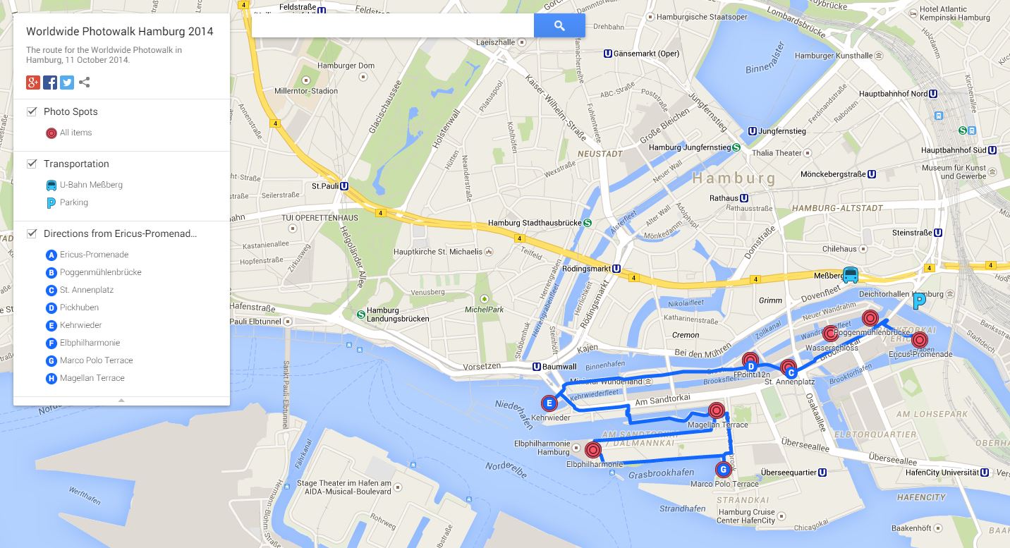 Karte mit der Route zum Foto-Walk in der Hamburger Speicherstadt