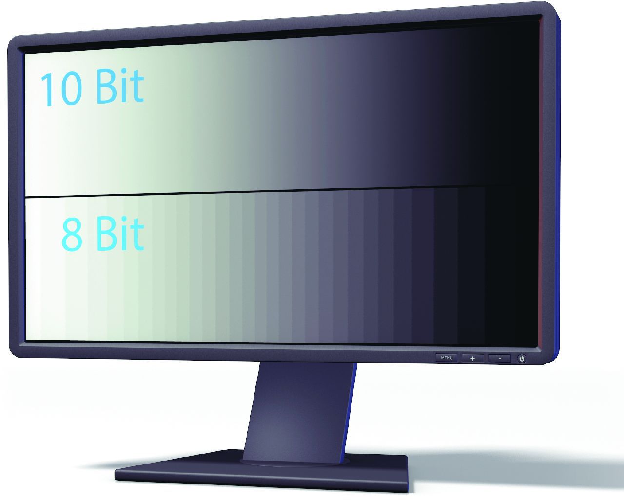 Die Abbildung zeigt einen Monitor auf dem zwei stufenlose Graukeile angezeigt sind. Der eine mit 10 Bit, der andere mit 8 Bit pro Farbkomponente.