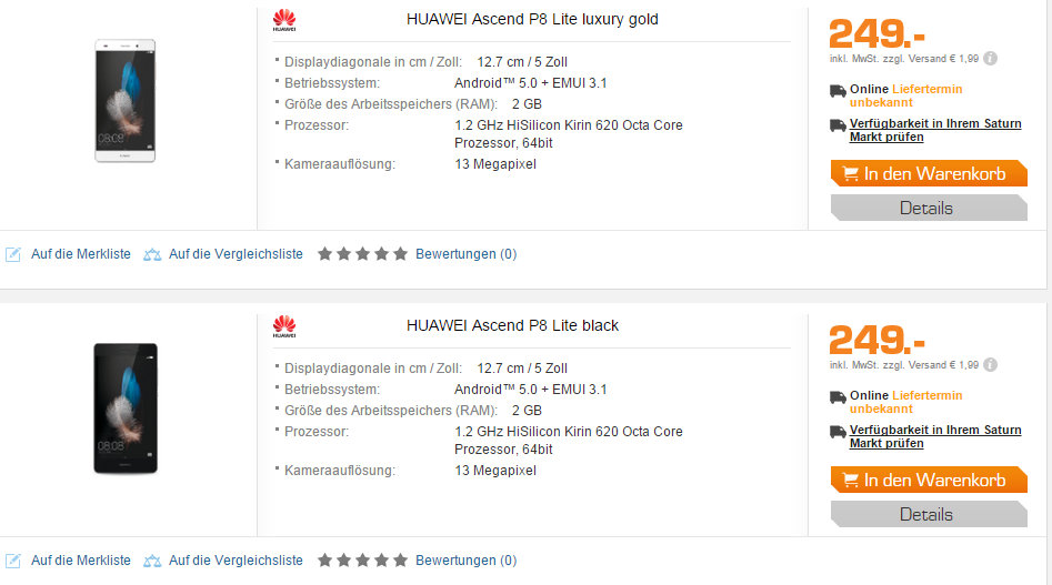 Screenshot: Huawei P8 Lite bei Saturn gelistet für 249 Euro