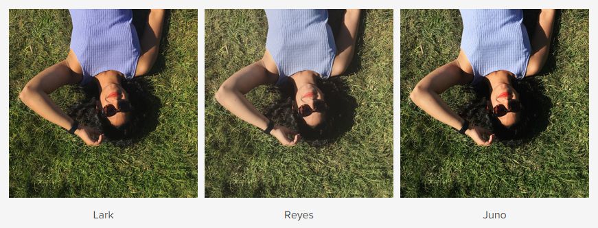 Drei Mal das gleichhe Foto von einer Frau, die auf einer Wiese liegt - jeweils mit einem der neuen Filter