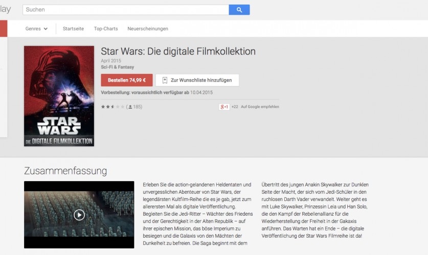 Abbildung zeigt den Google Play Store, in dem mehrere Filme als Paket angeboten werden.