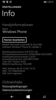 Lumia 640 XL Einstellungen - Info