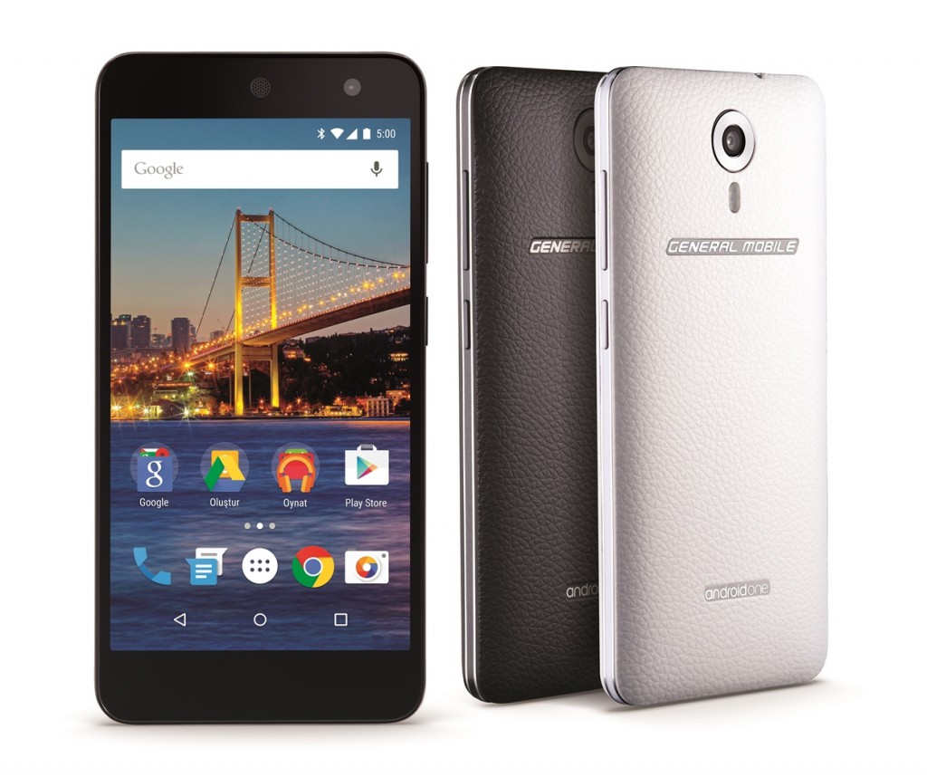 Android One General Mobile 4G von vorne, daneben die Rückseiten in Schwarz und Weiß
