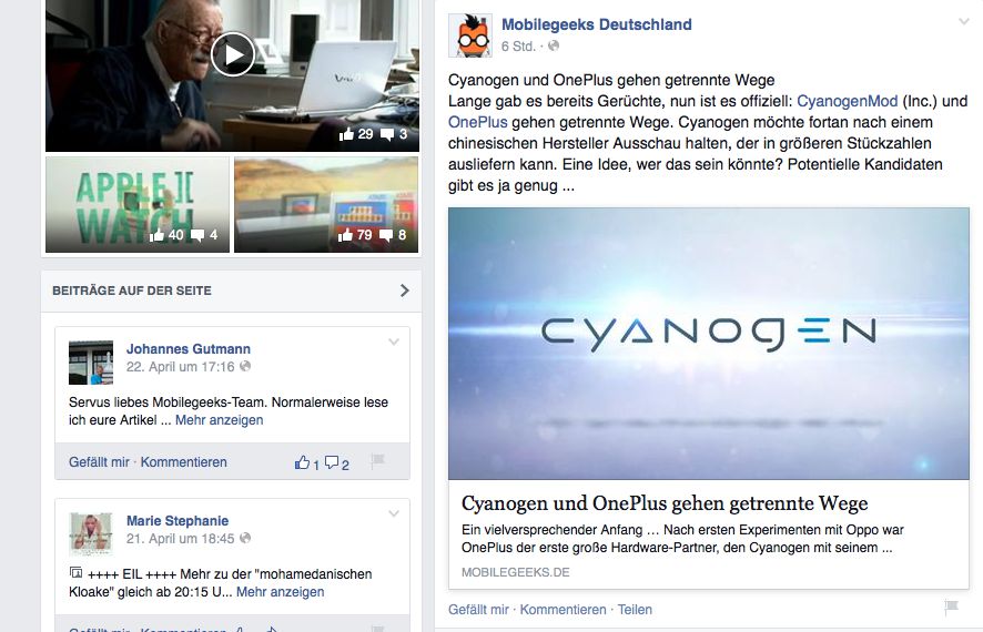Screenshot der MobileGeeks Deutschland Facebook-Seite