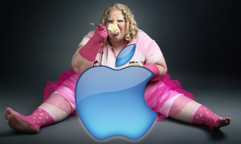 Dicke Frau mit Torte hinter Apple-Logo
