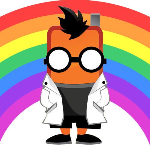 Mobile Geeks-Maskottchen mit Regenbogen im Hintergrund