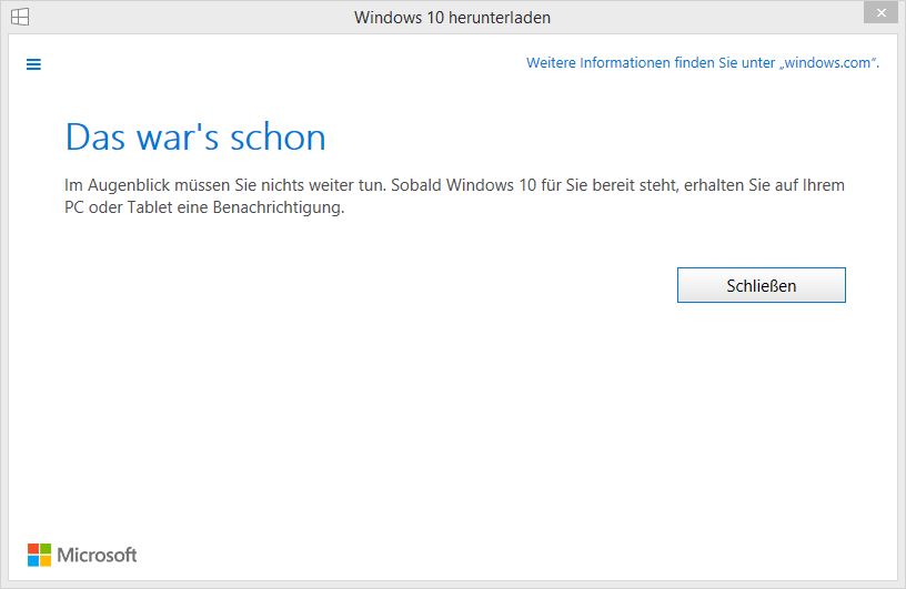 Windows 10 Upgradereservierung abgeschlossen