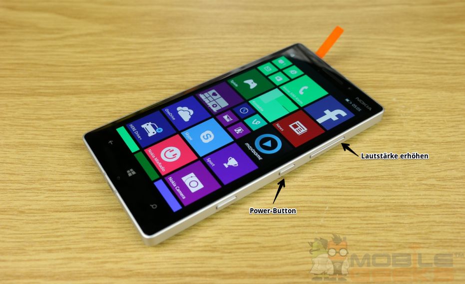 Nokia Lumia 930 mit Hinweisen, wie man Screenshots erstellt