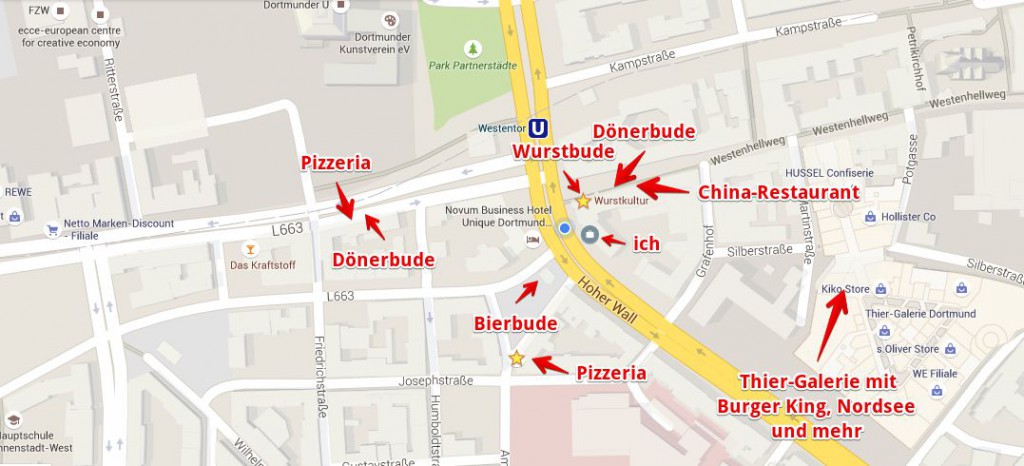 Screenshot von Google Maps: Alle Restaurants und Imbisse in meiner Gegend