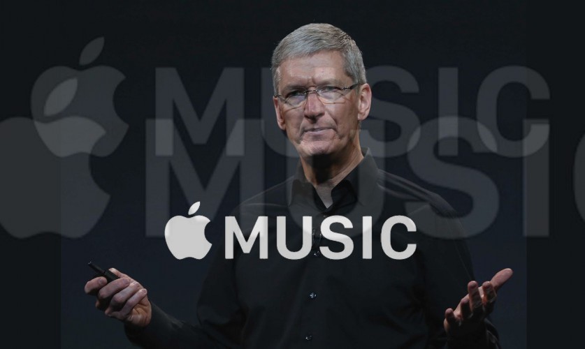 Tim Cook und Apple Music-Logo