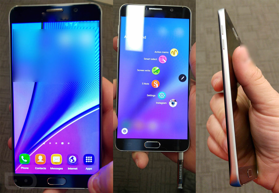 Samsung Galaxy Note 5 von vorn mit eingeschaltetem Display und von der Seite