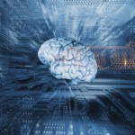 Künstliche Intelligenz - Menschliches Gehirn vor Schaltkreisen