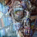 Collage aus einem Zombie-Gesicht und Smartphones