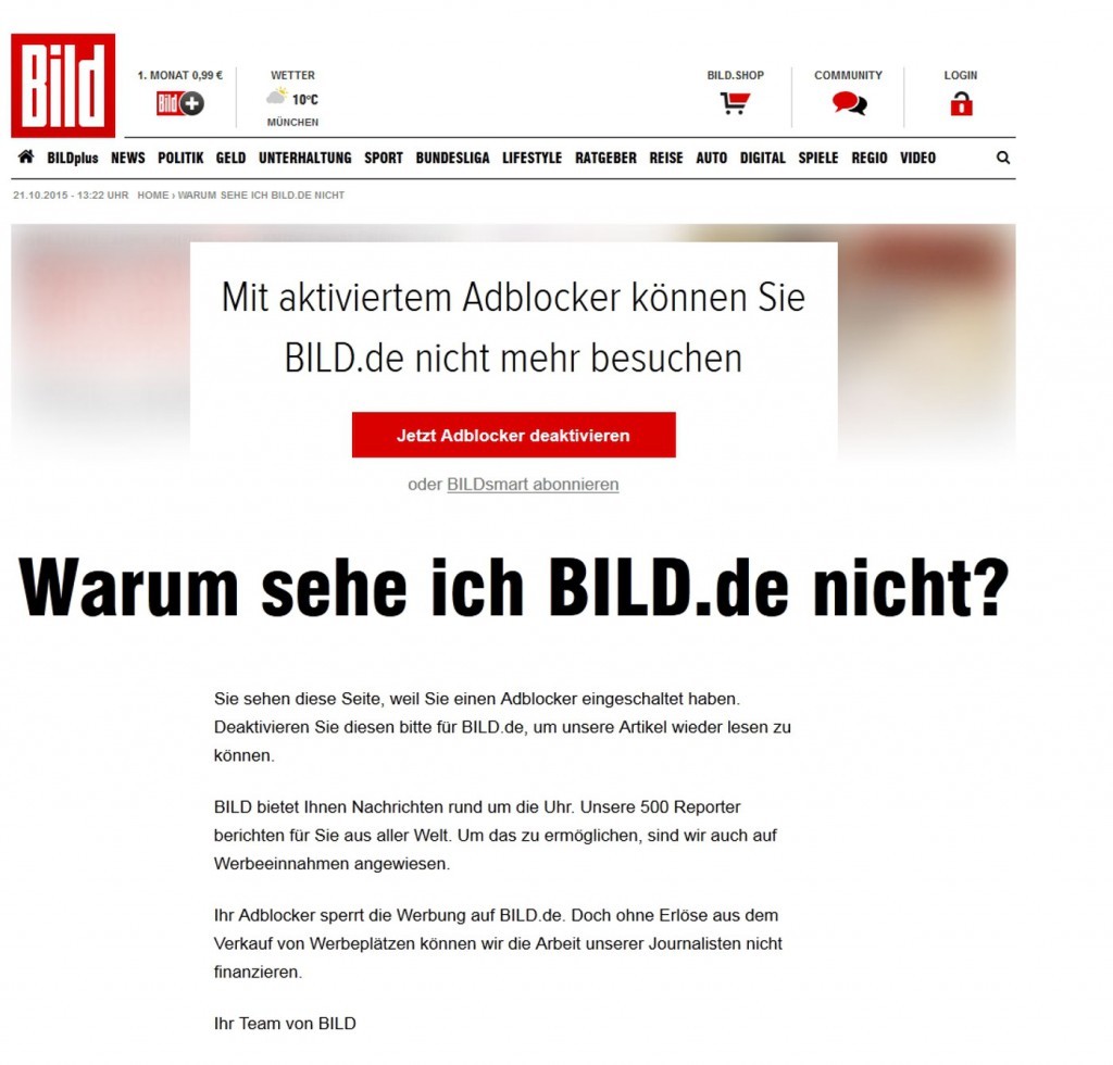 Bild.de fordert zum Abschalten des Adblockers auf