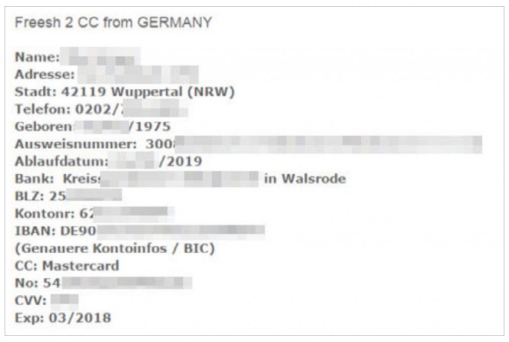 Vollständige Kreditkartendaten aus Wuppertal. Kostenpunkt: bis zu 40 US-Dollar