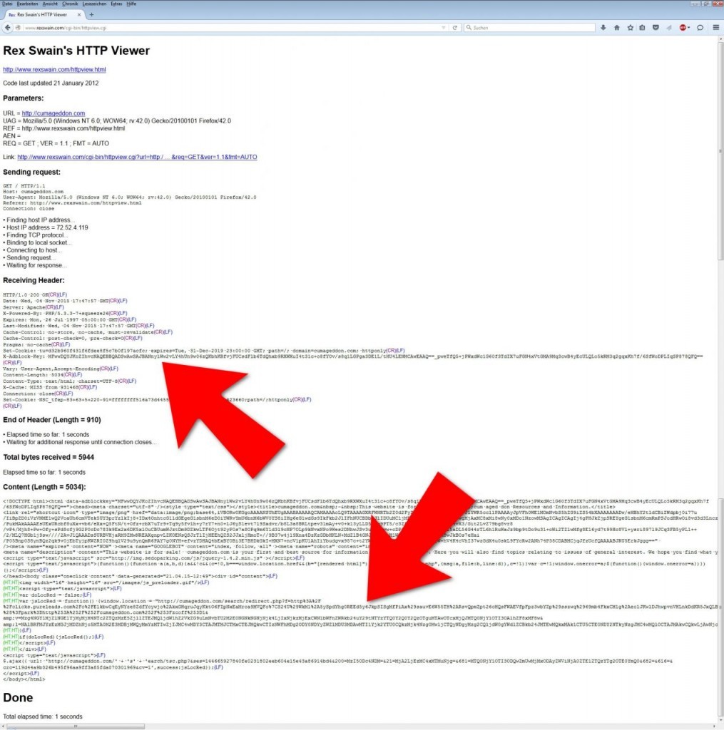 Eine typische Umleitung auf einer geparkten Domain, freigeschaltet über den Sitekey in der Filterliste von Adblock Plus und den X-Adblock-Key auf der geparkten Domain.