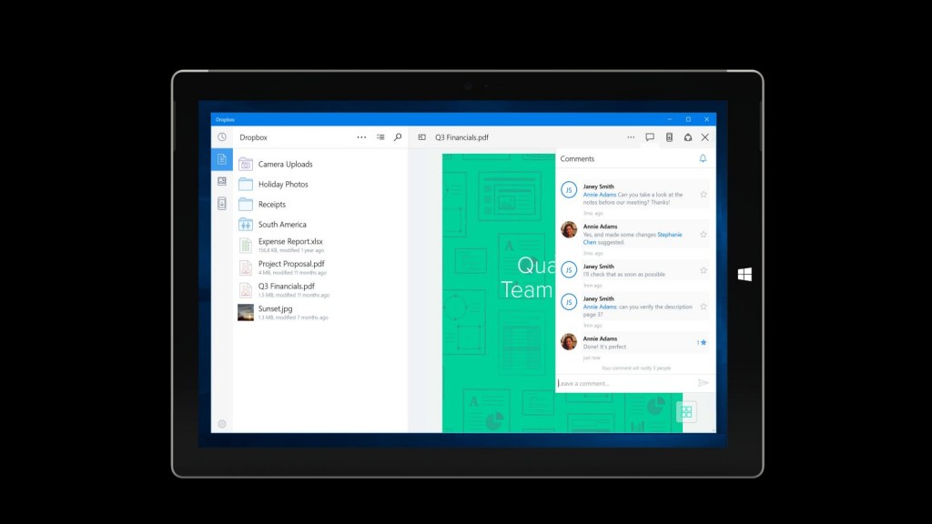 Dateien kommentieren in der Dropbox App für Windows 10 auf einem Tablet