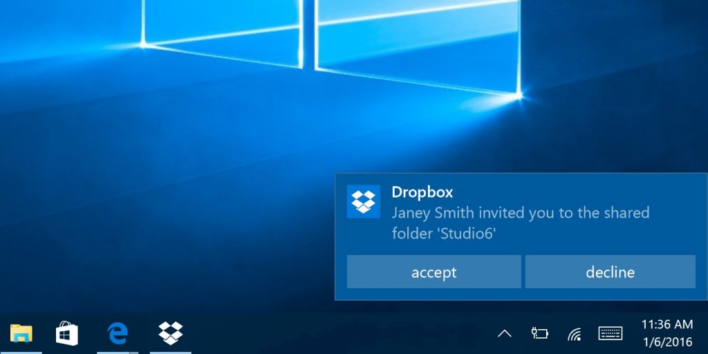 Interaktive Benachrichtigungen in der Dropbox App für Windows 10