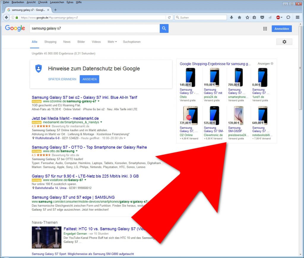 Google Shopping (mit aktiviertem Adblock Plus als Akzeptable Anzeigen sichtbar