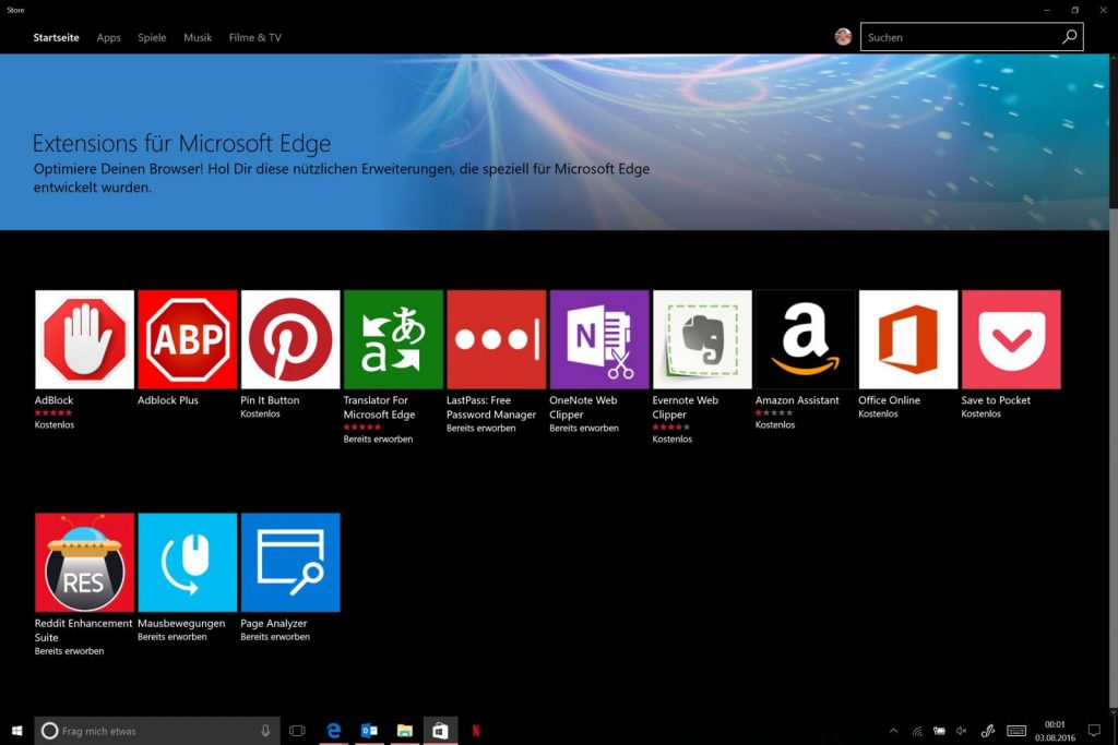 Anniversary Update - Windows Store - Edge Erweiterungen