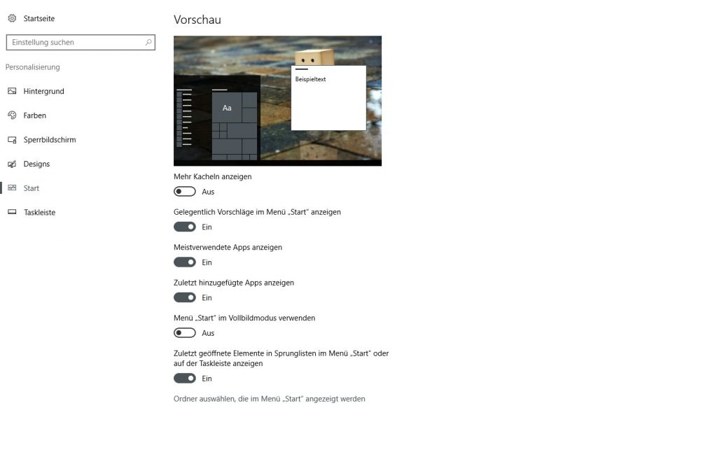 Windows 10 Einstellungen - Personalisierung - Start
