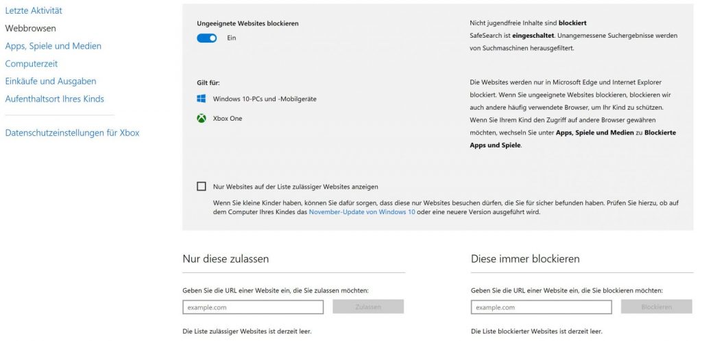 Windows 10 Family Safety Webbrowsen