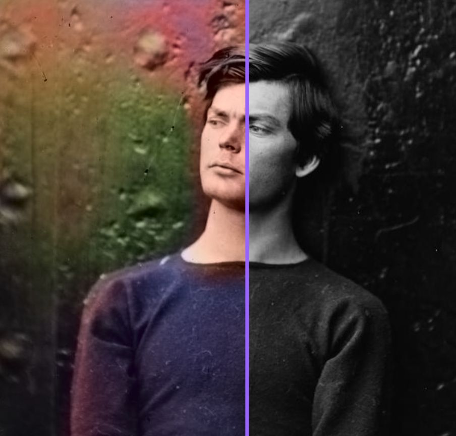Portrait-Foto, von Software eingefärbt - links bunt, rechts schwarz-weiss