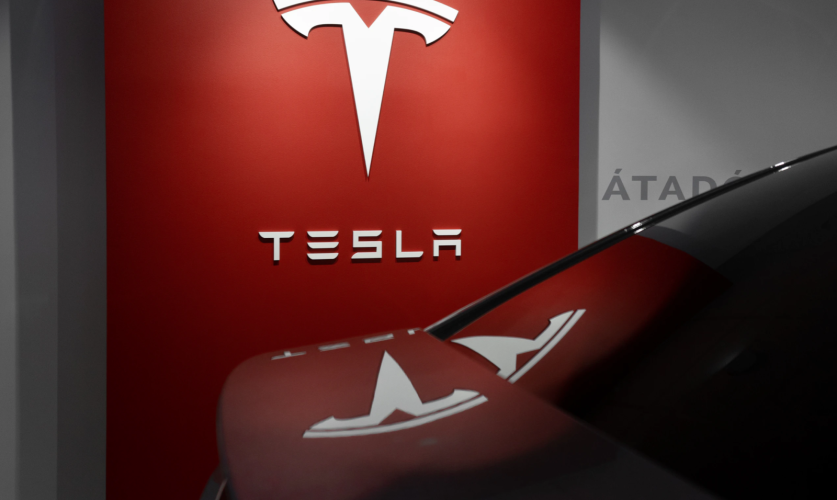 Tesla Logo mit Fahrzeug